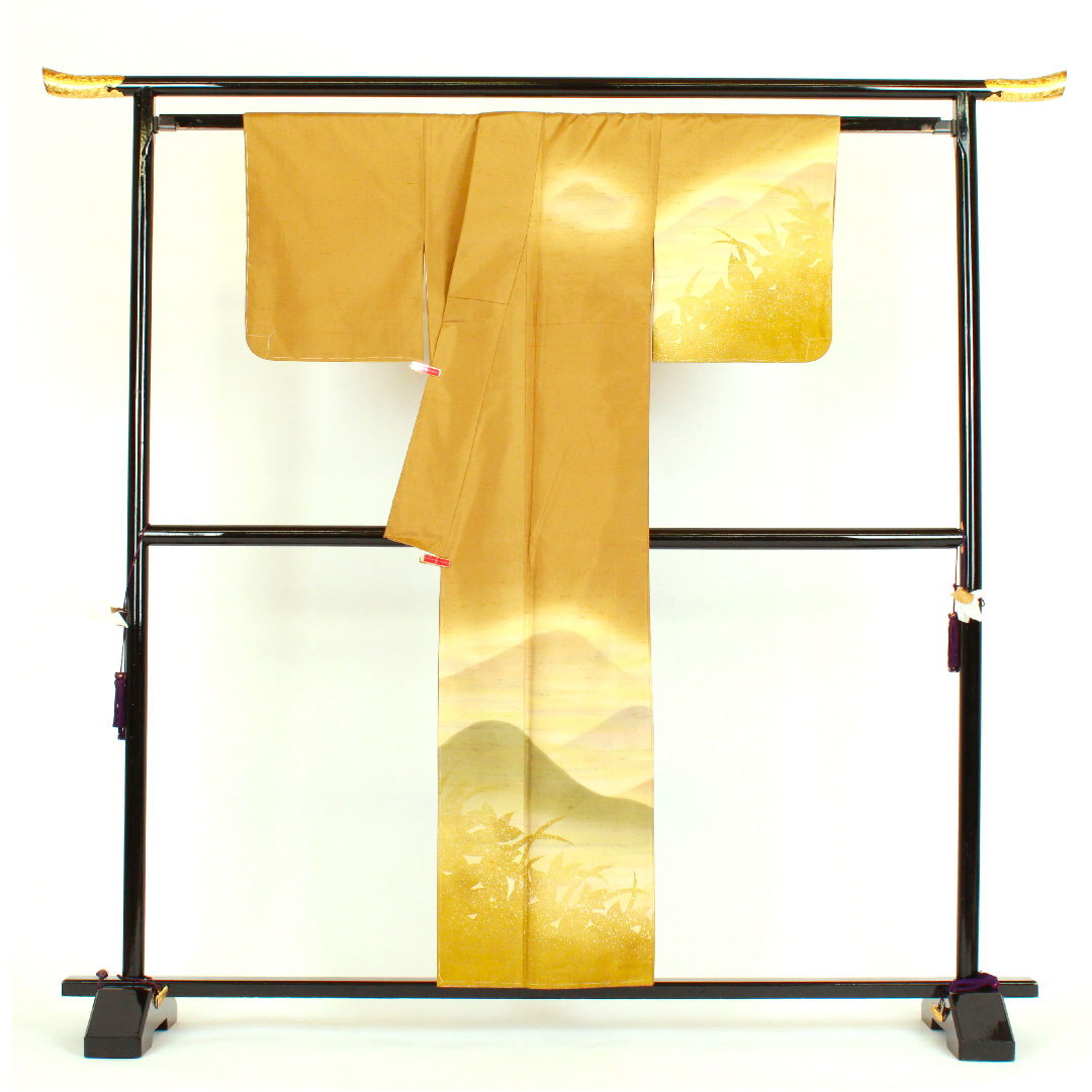 訪問着 袷 身丈157cm 裄丈63cm 牛首紬 遠山 草葉模様 正絹 Sランク 黄系 1112000522323