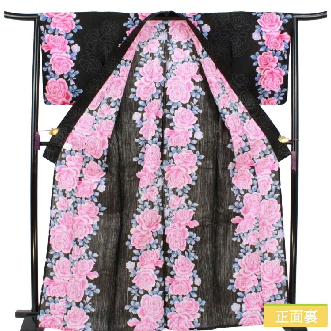浴衣 木綿 Sランク 身丈167cm 裄丈65.5cm 薔薇 単衣 黒系 1118007372510