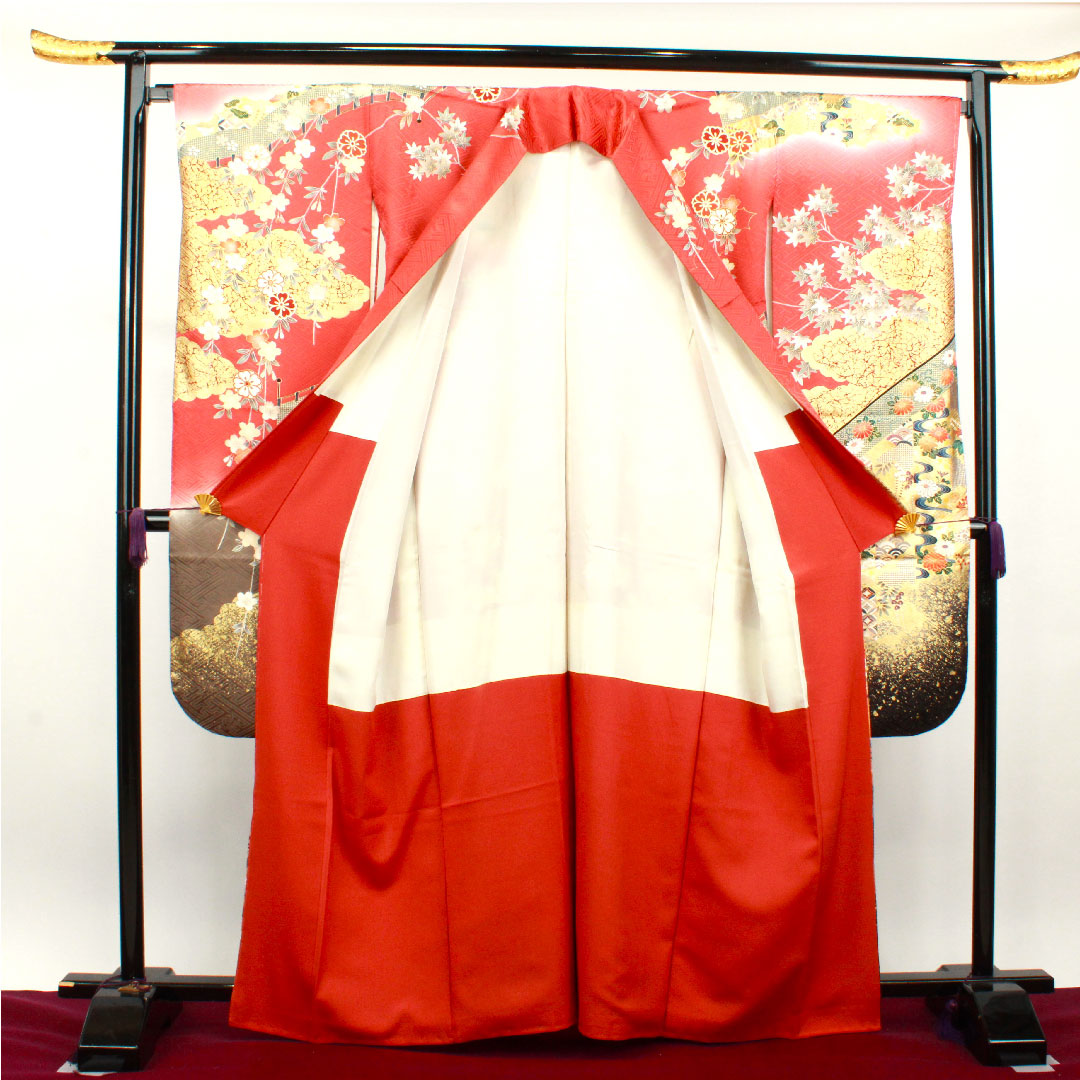 振袖 身丈163.5cm 裄丈67.5cm 袷  甚三紅色 京友禅 御所車 吉祥文様 作家物  正絹 Aランク 朱系 1113001623416