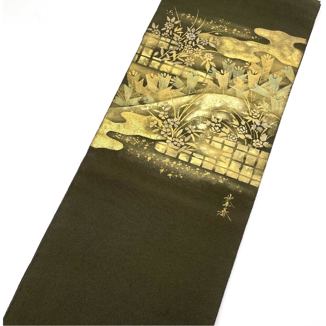 名古屋帯 黒橡色 花模様 作家物 帯丈366cm 正絹 Aランク ポイント柄 セミフォーマル 緑系 1124003813319  開き仕立て