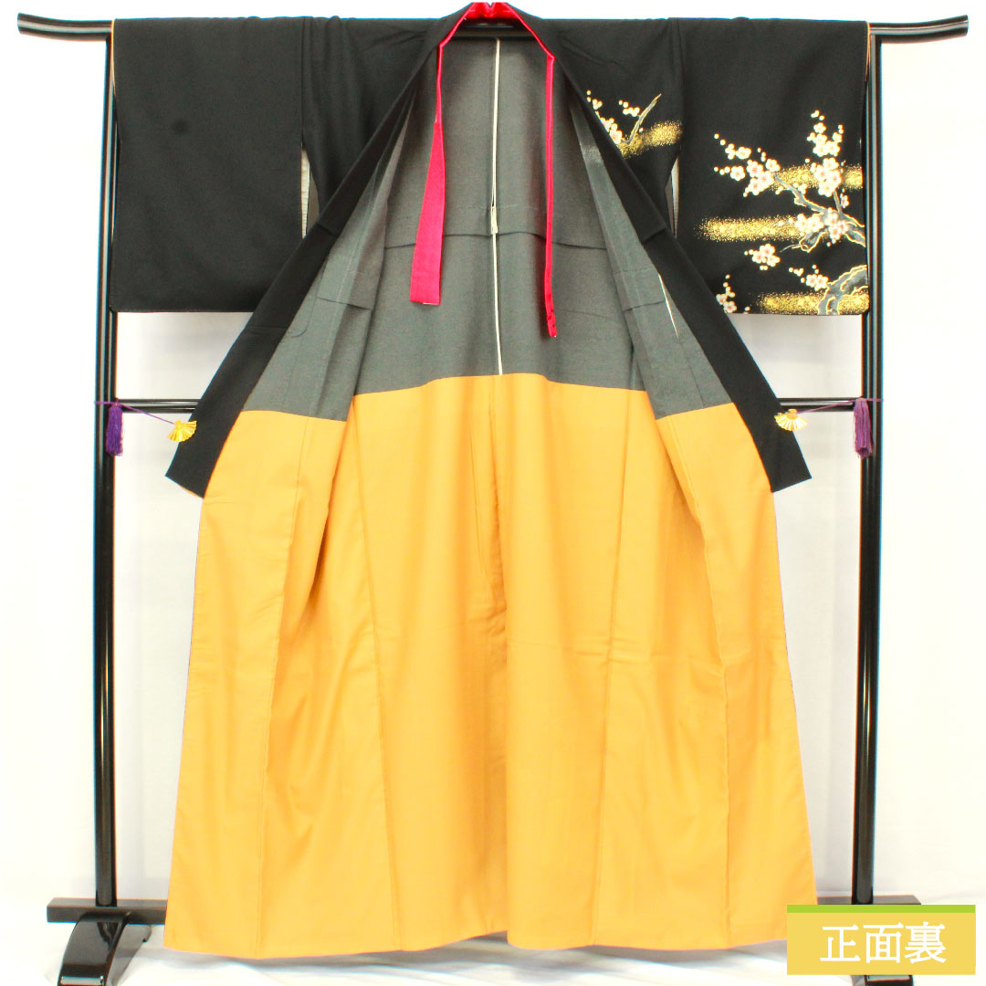 訪問着 ポリエステル 胴抜き 身丈160cm 裄丈64.5cm 洗える着物 梅 重ね衿付き Aランク 黒系 1112005653410