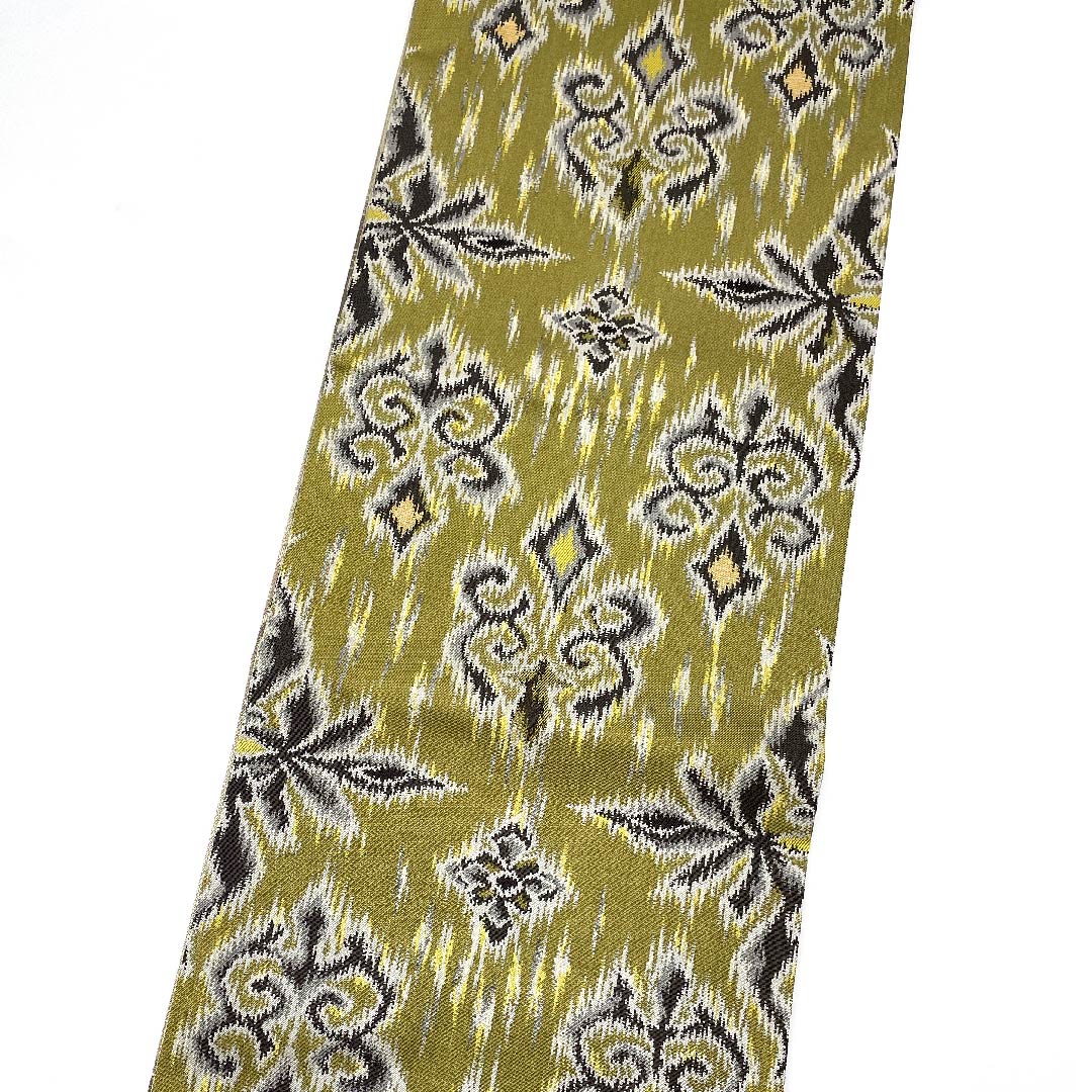 Fukuro obi (sash) in russet leaf color, ikat floral pattern, bamboo leaf pattern, by Ori Kobo Kanae, reversible, obi length 444cm, pure silk, S rank, full length, semi-formal, green, 1123007812319