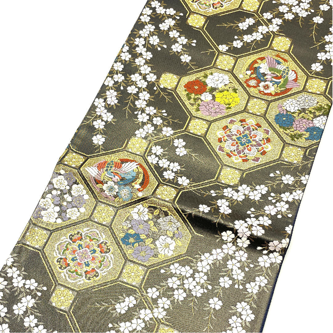 （未仕立）袋帯 全通全景 三十六歌仙文様 千紫萬紅 帯丈454cm 正絹 NEWランク 全通 フォーマル グレー系 1123003581422