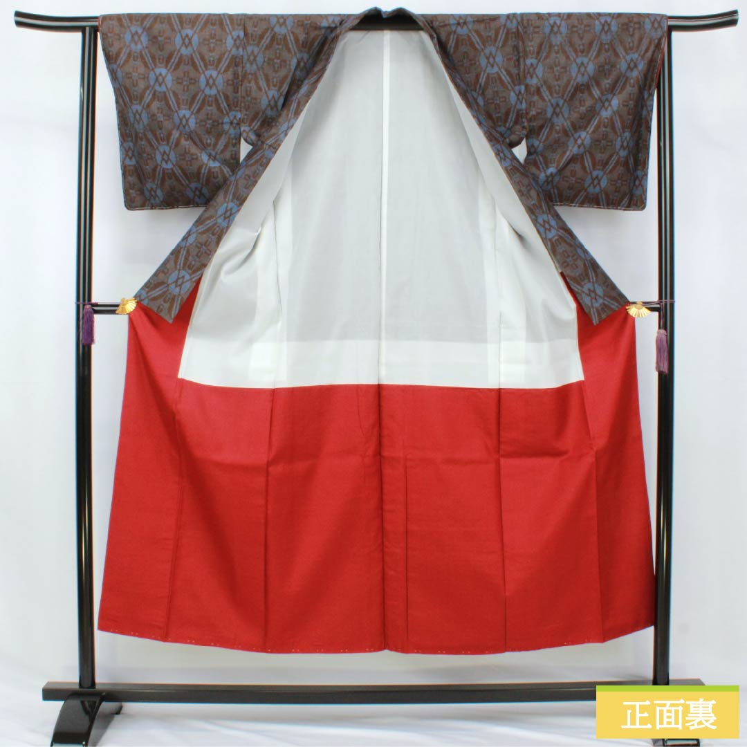 紬 正絹 Sランク 身丈150cm 裄丈63cm 落栗色（おちぐりいろ） 抽象模様 しつけ糸付き 袷 茶系 1116004812114
