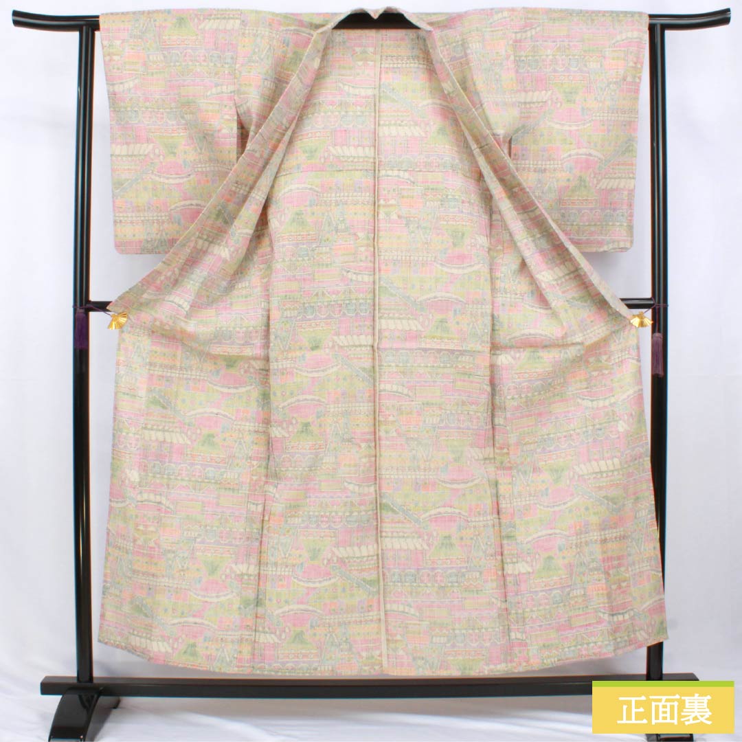 リサイクル着物】紬 正絹 Sランク 身丈155cm 裄丈62.5cm 絵絣模様 単衣
