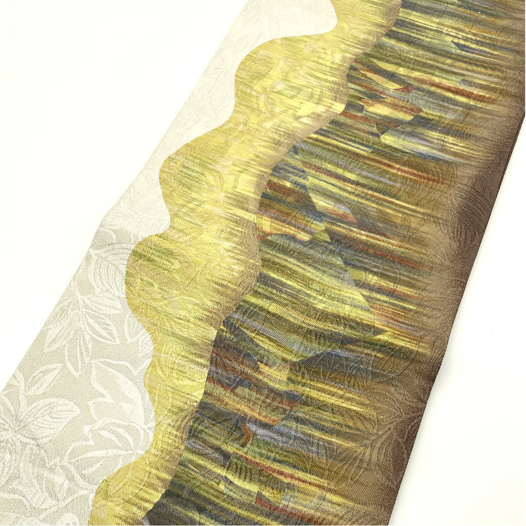 袋帯 染め帯 抽象模様 帯丈446cm 正絹 Aランク 全通 カジュアル 白系 1123005053311