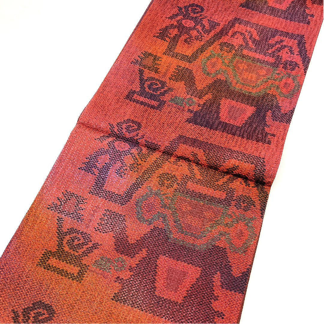 袋帯 エジプト文様 帯丈424cm 正絹 Sランク 六通 カジュアル 赤系 1123002652312