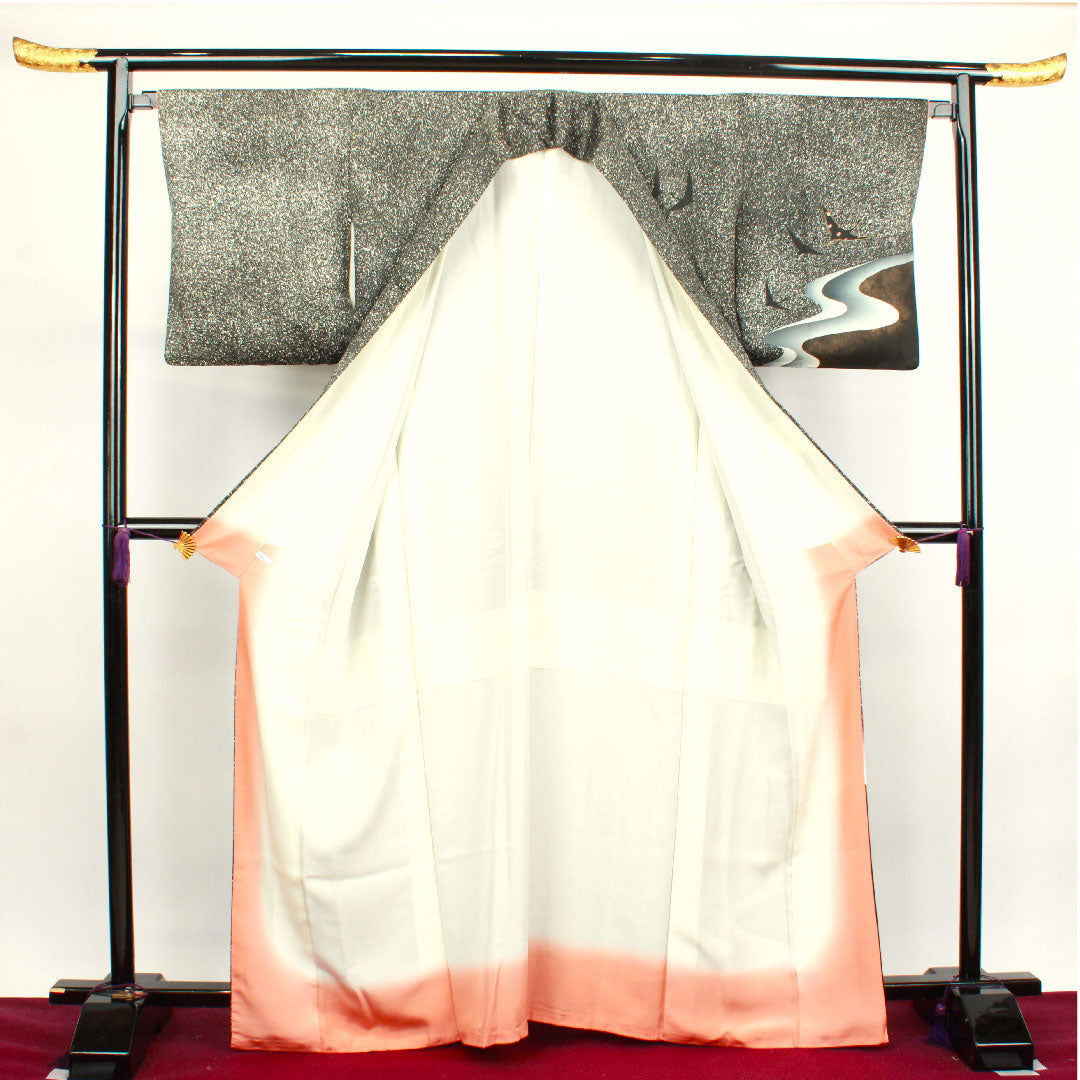 訪問着 袷 身丈165cm 裄丈65cm タタキ染 鶴 五三桐 正絹 Sランク 黒系 1112002592510