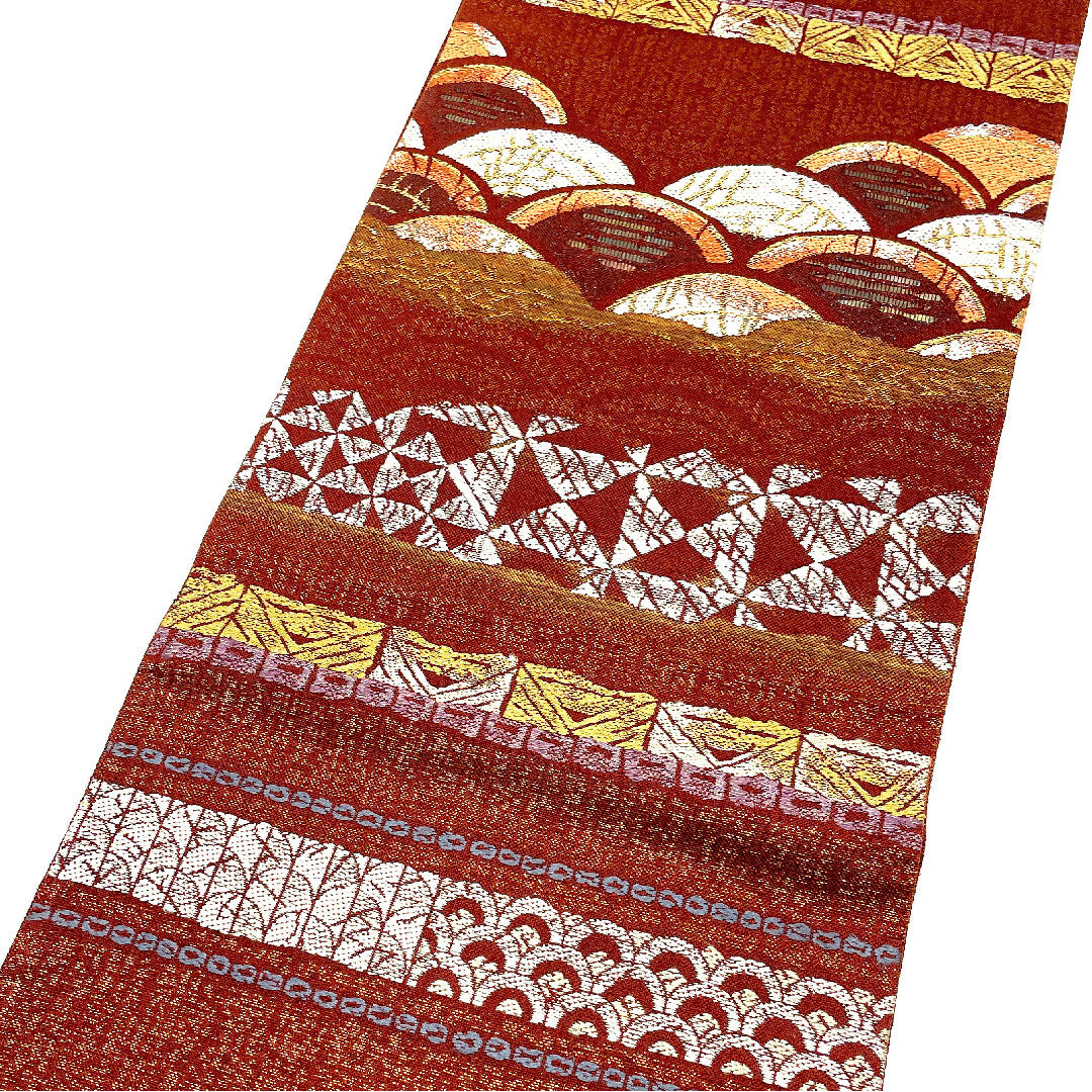 (Unmade) Fukuro Obi with Horizontal Stripes, Geometric Pattern, Single Layer, Length 449cm, Pure Silk, New Rank, Six-Pass, Casual, Brown, 1123002541314