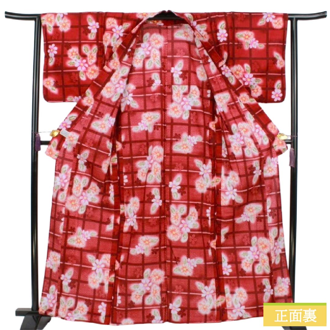 浴衣 木綿 Sランク 身丈163.5cm 裄丈63cm 真紅色（しんくいろ） 格子 草花模様 単衣 赤系 1118007682412