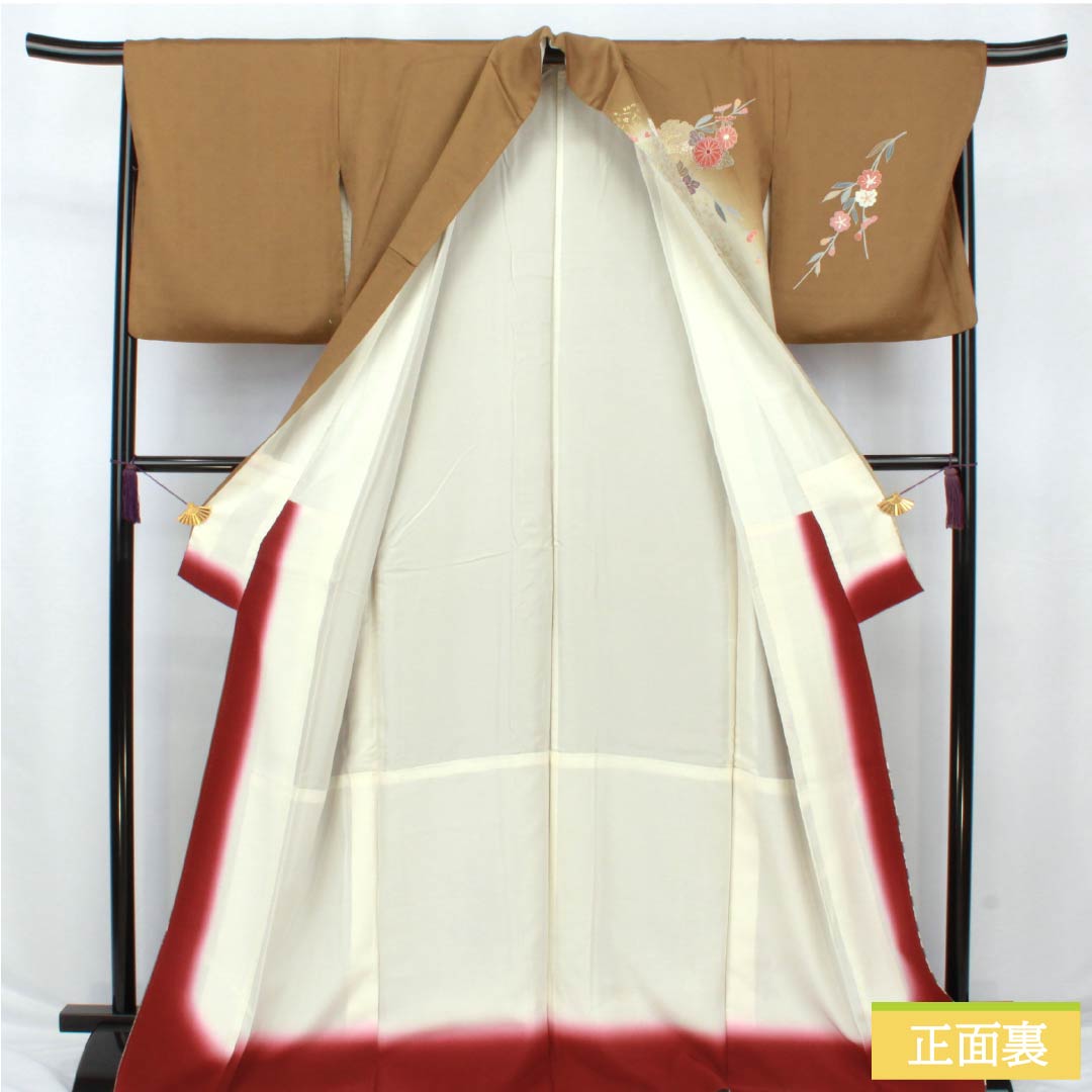 訪問着 正絹 Sランク 袷 身丈169cm 裄丈68cm 糞色（ばばいろ） 京友禅 竹垣 花 橙系 1112006492526