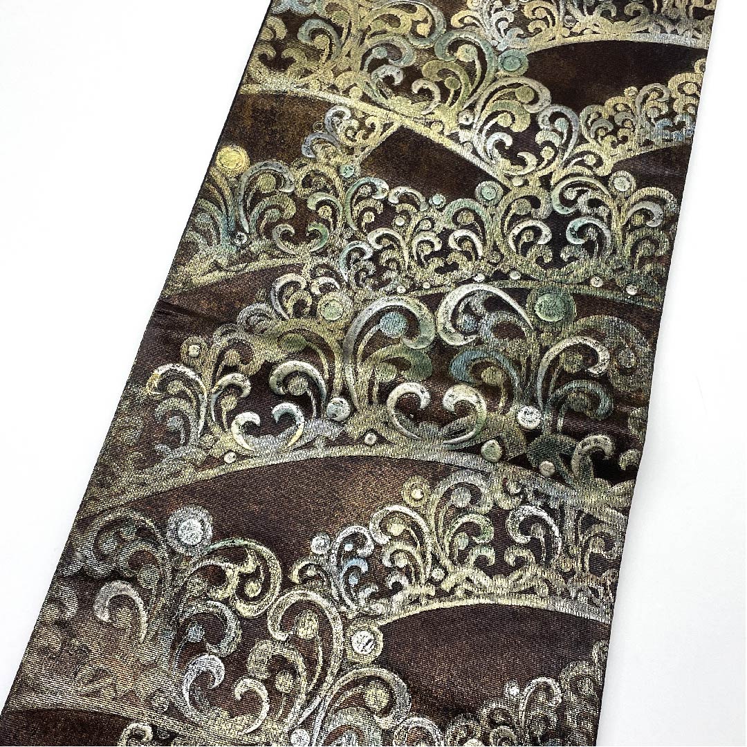 （未仕立）袋帯 憲房色（けんぼういろ） 金唐皮（きんからかわ） 抽象模様 帯丈478cm 正絹 Sランク 六通 フォーマル 茶系 1123006082414