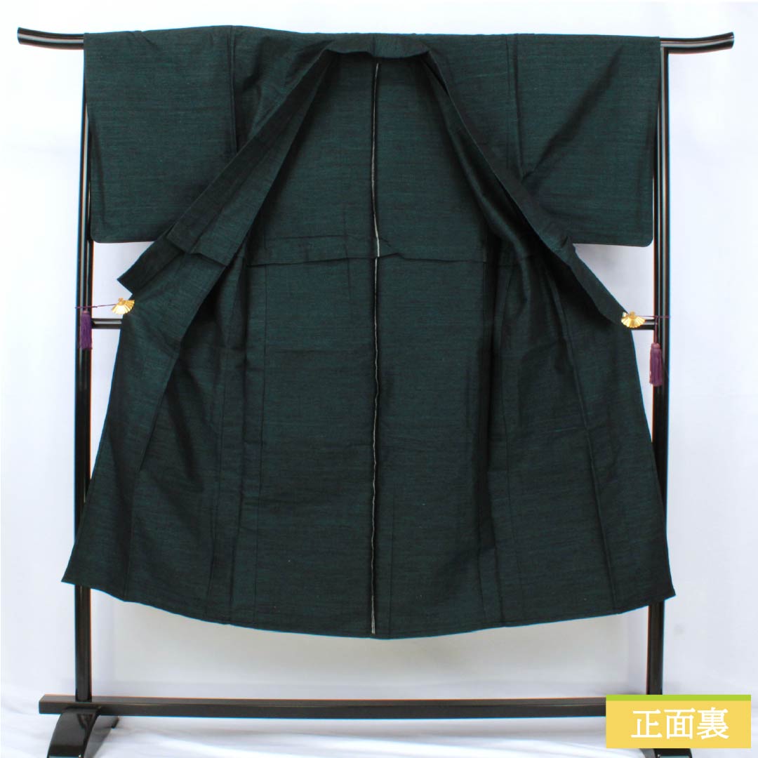 男物 正絹 Aランク 身丈139cm 裄丈66cm 高麗納戸色（こうらいなんどいろ） 紬地 アンサンブル 抽象模様 単衣 緑系 1119001333319