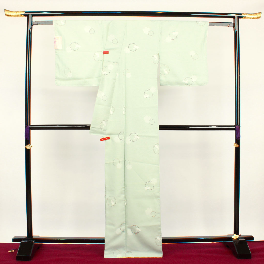 小紋 身丈166cm 裄丈66cm 袷  秘色色 洗える着物 雪輪 うさぎ  ポリ Sランク 青系 1115002582517