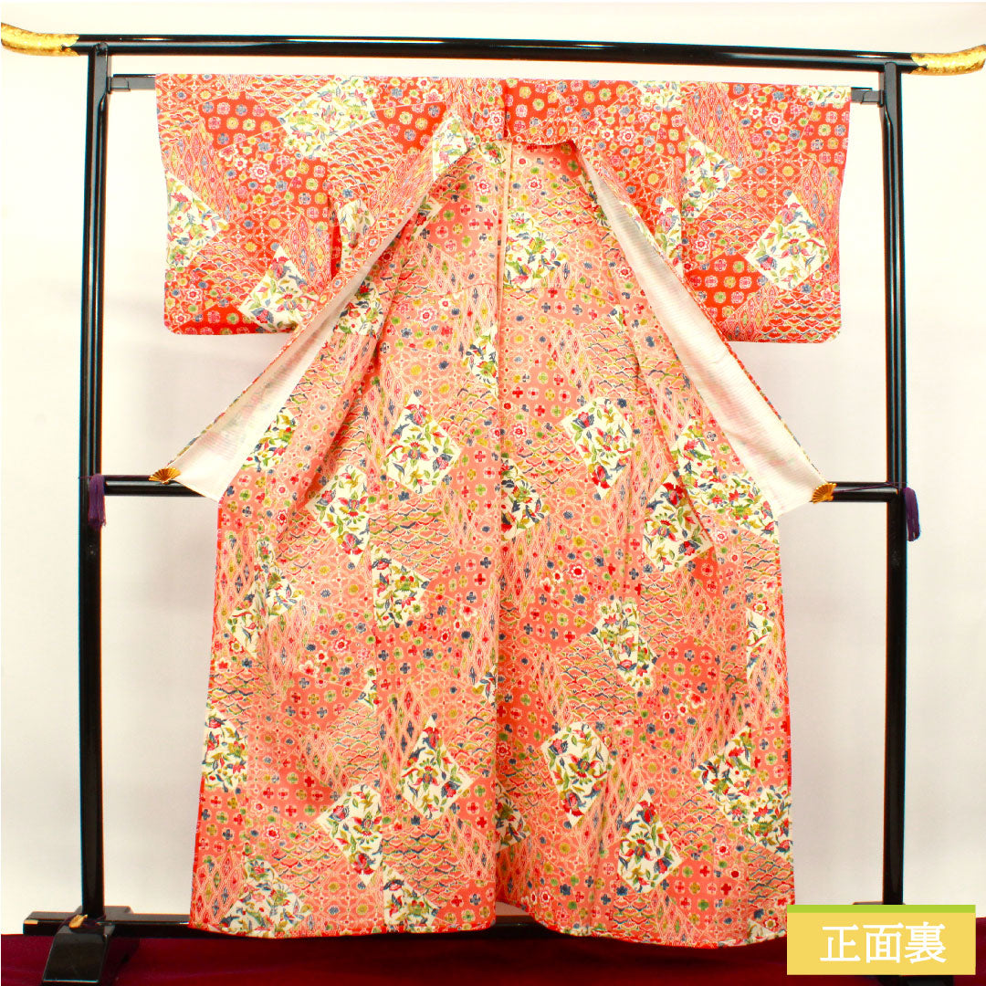 小紋 正絹 身丈157.5cm 裄丈64.5cm 単衣  緋色 型染 吉祥文様  Sランク 朱系 1115003832316