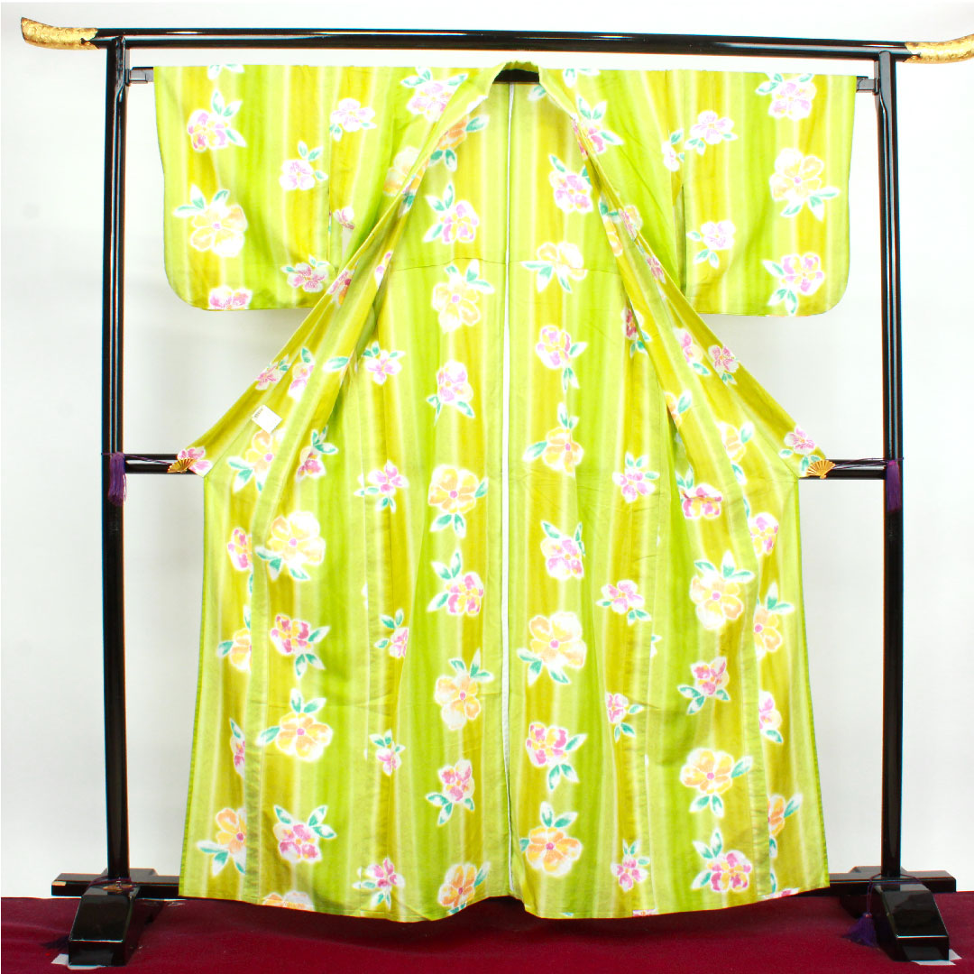 浴衣 抽象花 木綿 Sランク 単衣 身丈161cm 裄丈67.5cm 緑系 1118003862419