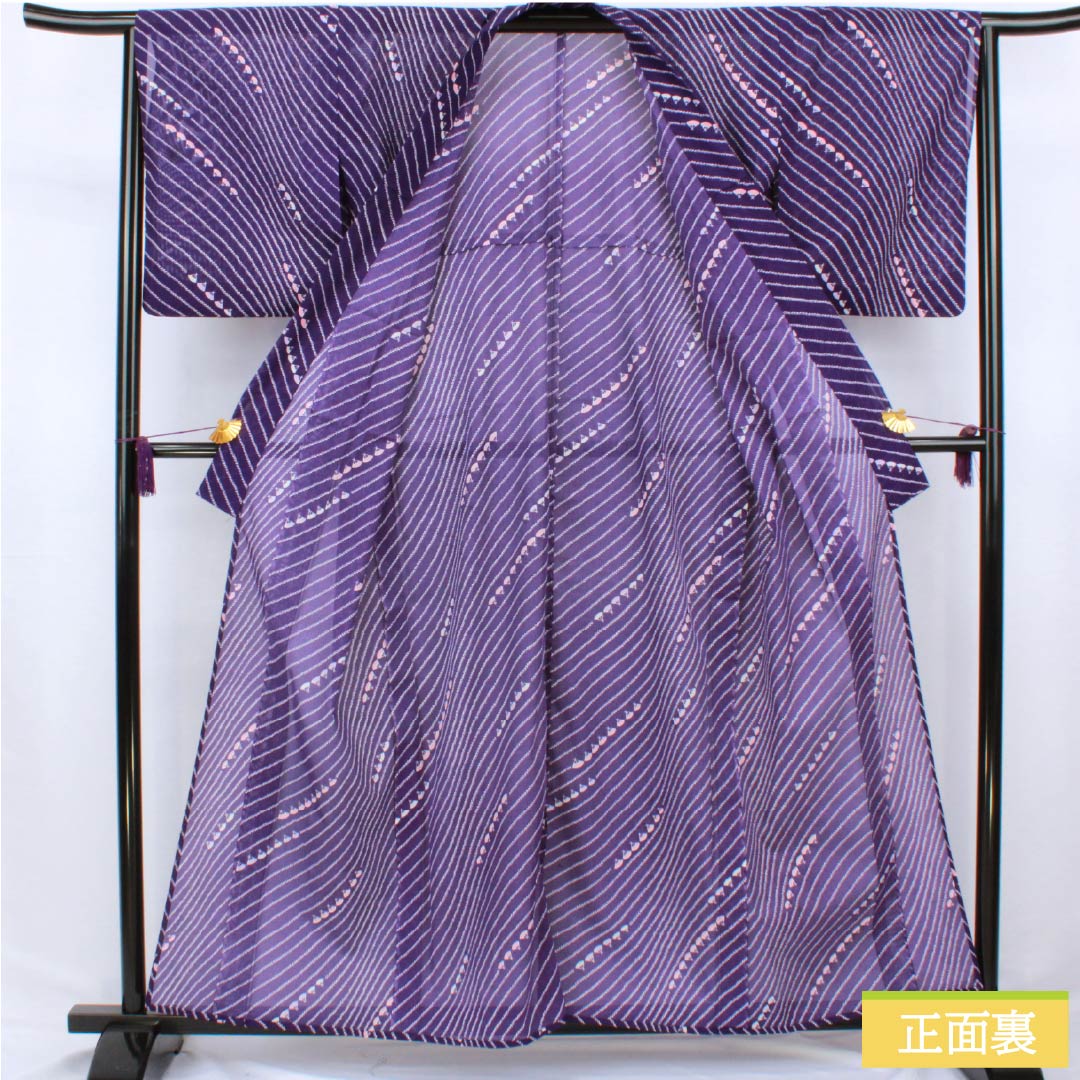 夏物 ポリエステル 小紋 身丈160.5cm 裄丈65cm 菫色（すみれいろ） 扇面 洗える着物 絽 Aランク 紫系 1132002543420