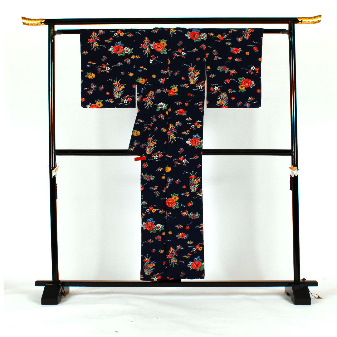 小紋 身丈154cm 裄丈66cm 袷  型染 松竹梅 花模様  正絹 Aランク 紺系 1115001213218