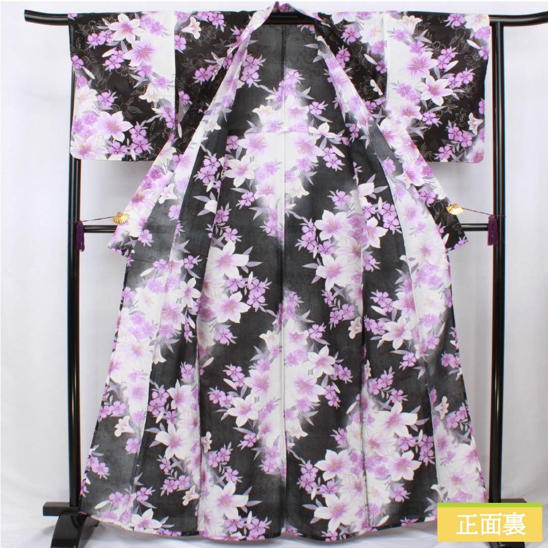 浴衣 木綿 身丈164cm 裄丈65cm Sランク 単衣 モノトーン 洋花 ラメ 1118006542427