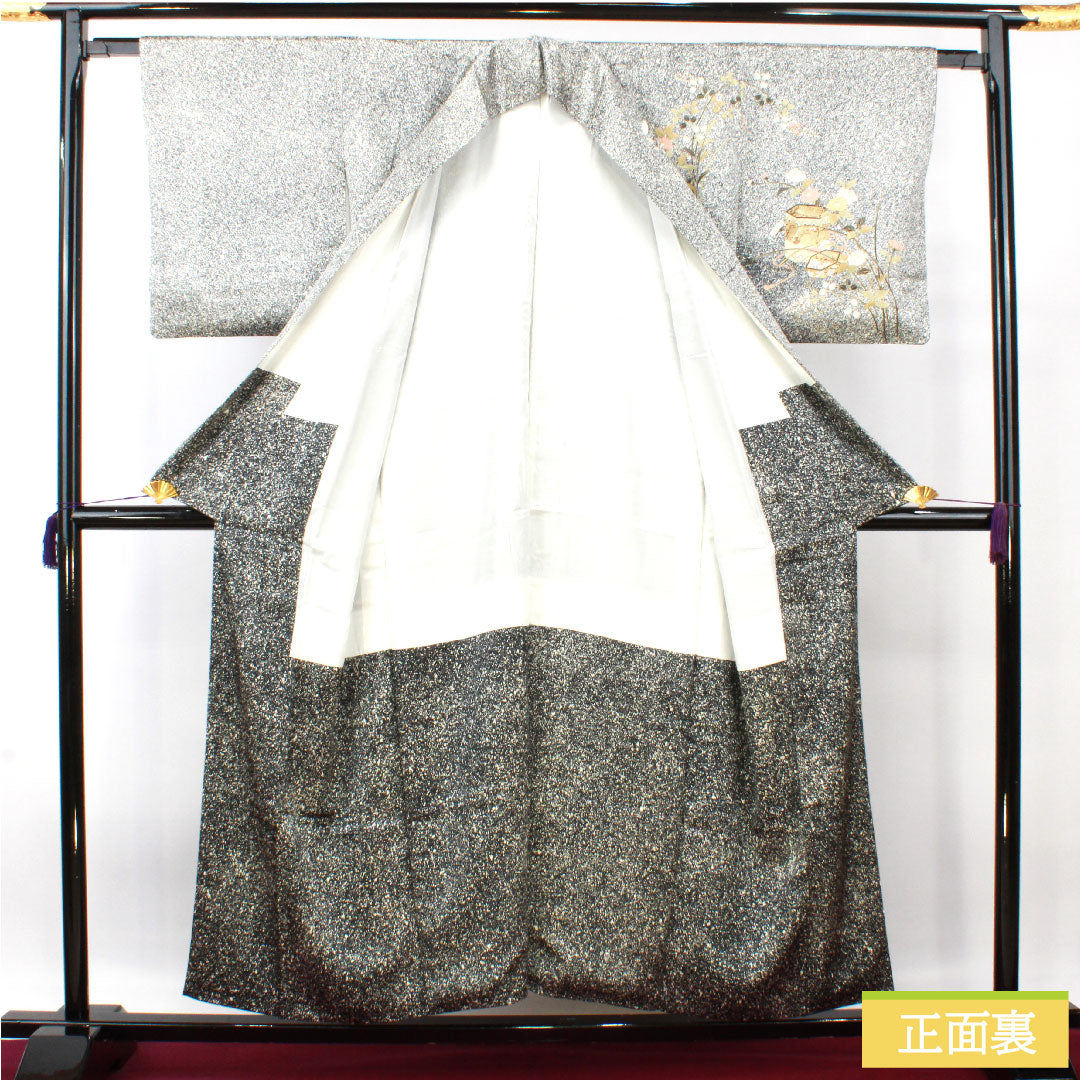 訪問着 正絹 袷 身丈155cm 裄丈62.5cm 京友禅 タタキ染 草花模様 Sランク モノトーン 1112004412327