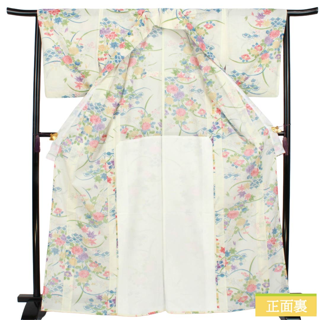 夏物 ポリエステル 小紋 Aランク 身丈166.5cm 裄丈66cm 乳白色（にゅうはくしょく） 洗える着物 草花模様 古典柄 絽 白系 1132007163511