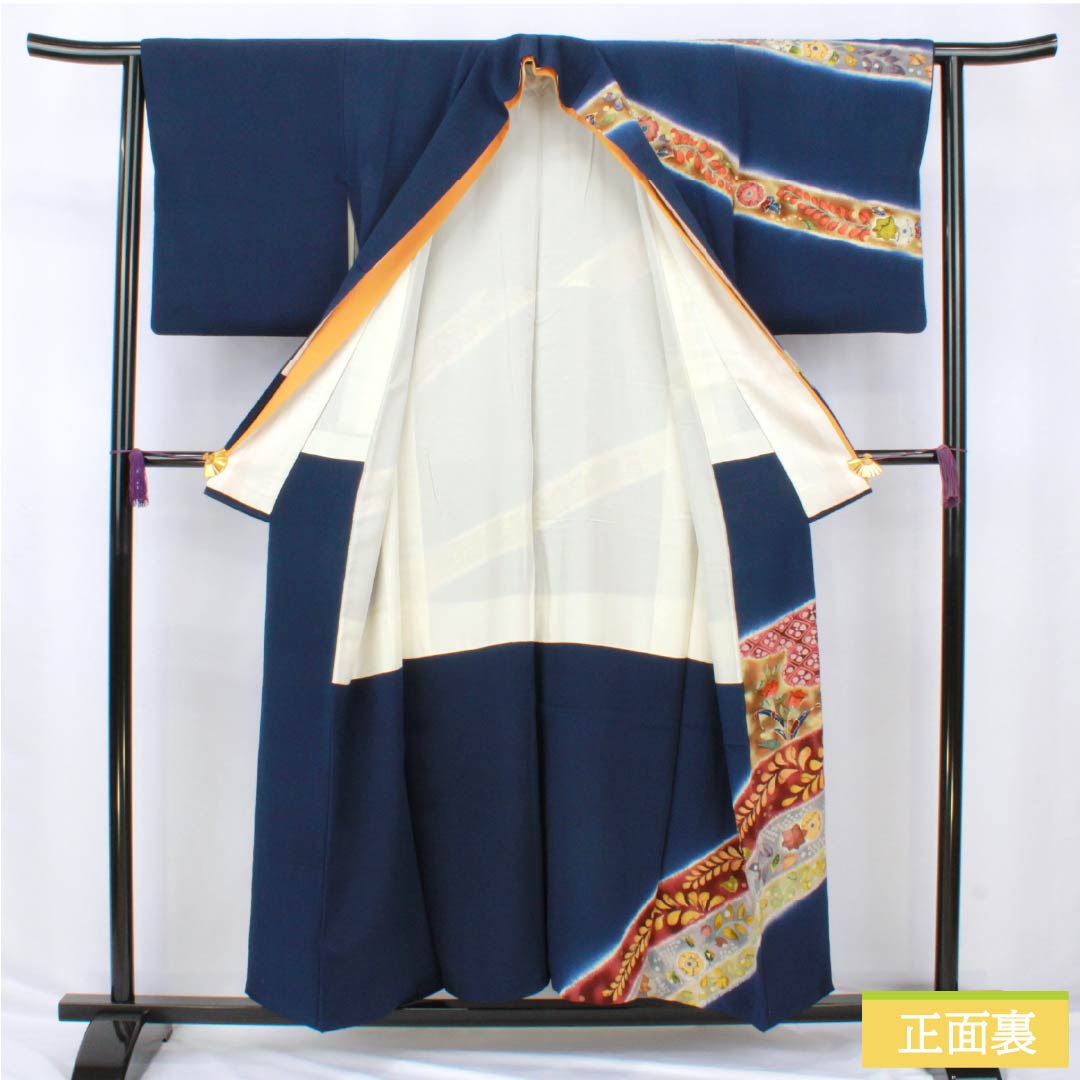 訪問着 正絹 Sランク 袷 身丈155cm 裄丈63cm 紺色（こんいろ） ちりめん地 辻ヶ花 紺系 1112006292318