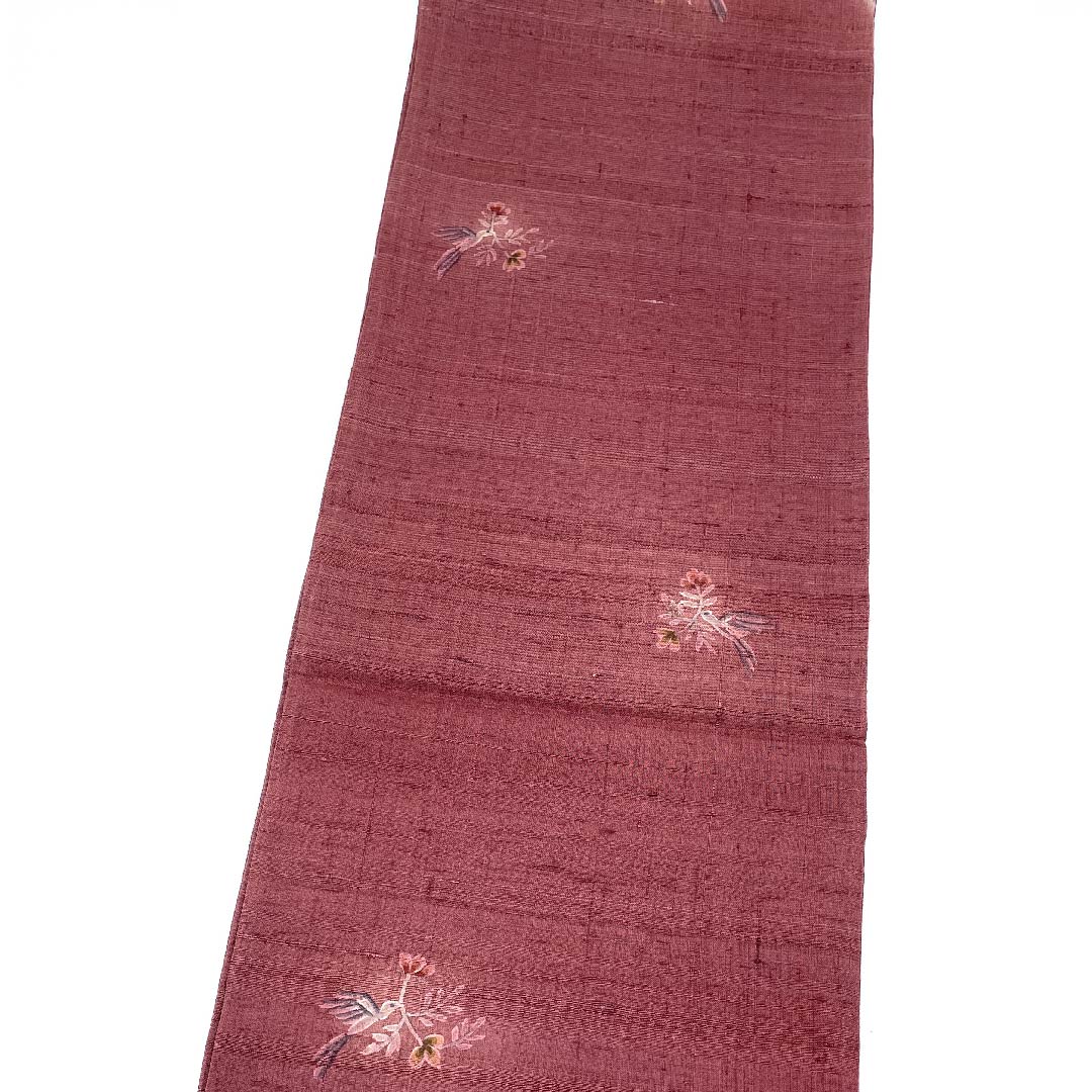 袋帯 蘇芳色（すおういろ） 紬地 唐花模様 小鳥模様 帯丈439cm 正絹 Sランク ポイント柄 カジュアル 紫系 1123009422320