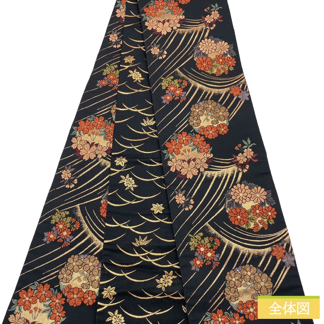 半幅帯 ポリエステル Sランク 黒色（くろいろ） 花柄 芝草 広幅 帯丈345cm 黒系 1125003482310