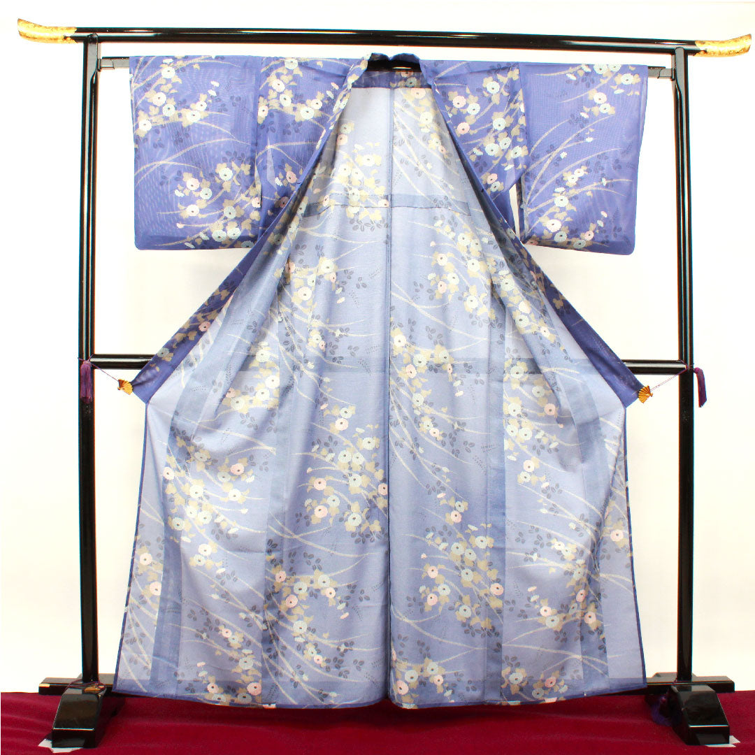 夏物 ポリエステル 小紋 身丈164cm 裄丈64cm 紺藤色（こんふじいろ） 菊 萩 洗える着物 絽 Sランク 青系 1132001742417