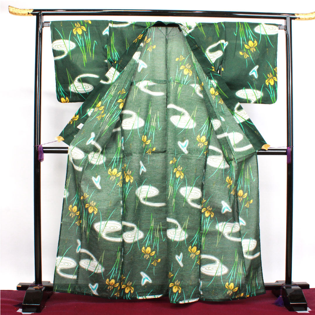 浴衣 黒緑色 菖蒲 トンボ 木綿 Sランク 単衣 身丈165.5cm 裄丈67.5cm 緑系 1118003832519