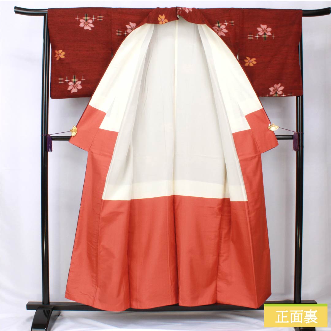 紬 正絹 Sランク 身丈156cm 裄丈65cm 赤銅色（しゃくどういろ） 花 絣 袷 茶系 1116003952314