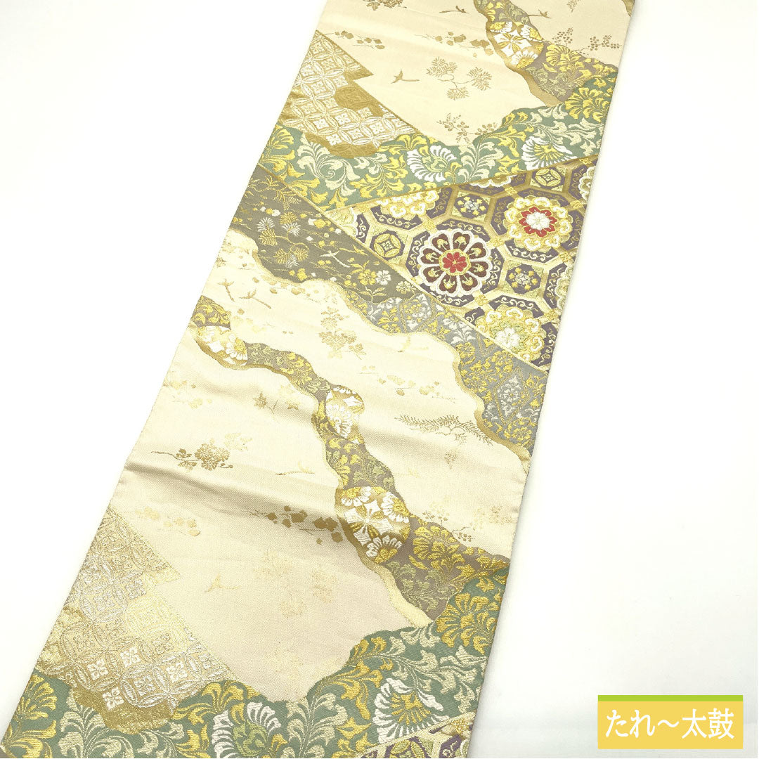 袋帯 正絹 Bランク 乳白色（にゅうはくしょく） 西陣織 吉祥文様 帯丈448cm 六通 フォーマル クリーム系 1123016094315