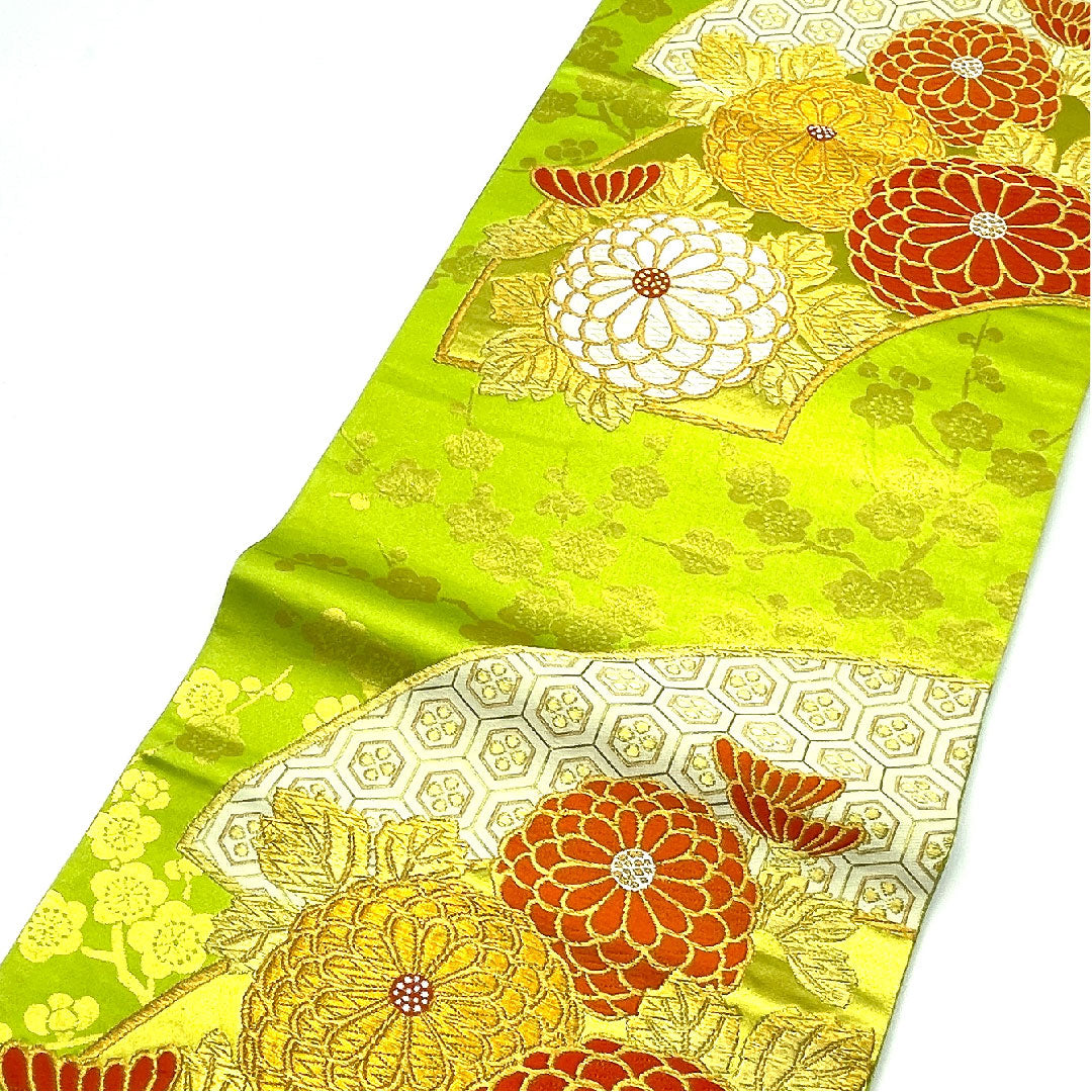 袋帯 菊 振袖用 亀甲 やまとオリジナル 帯丈424cm 正絹 Aランク 六通 フォーマル 緑系 1123003413319