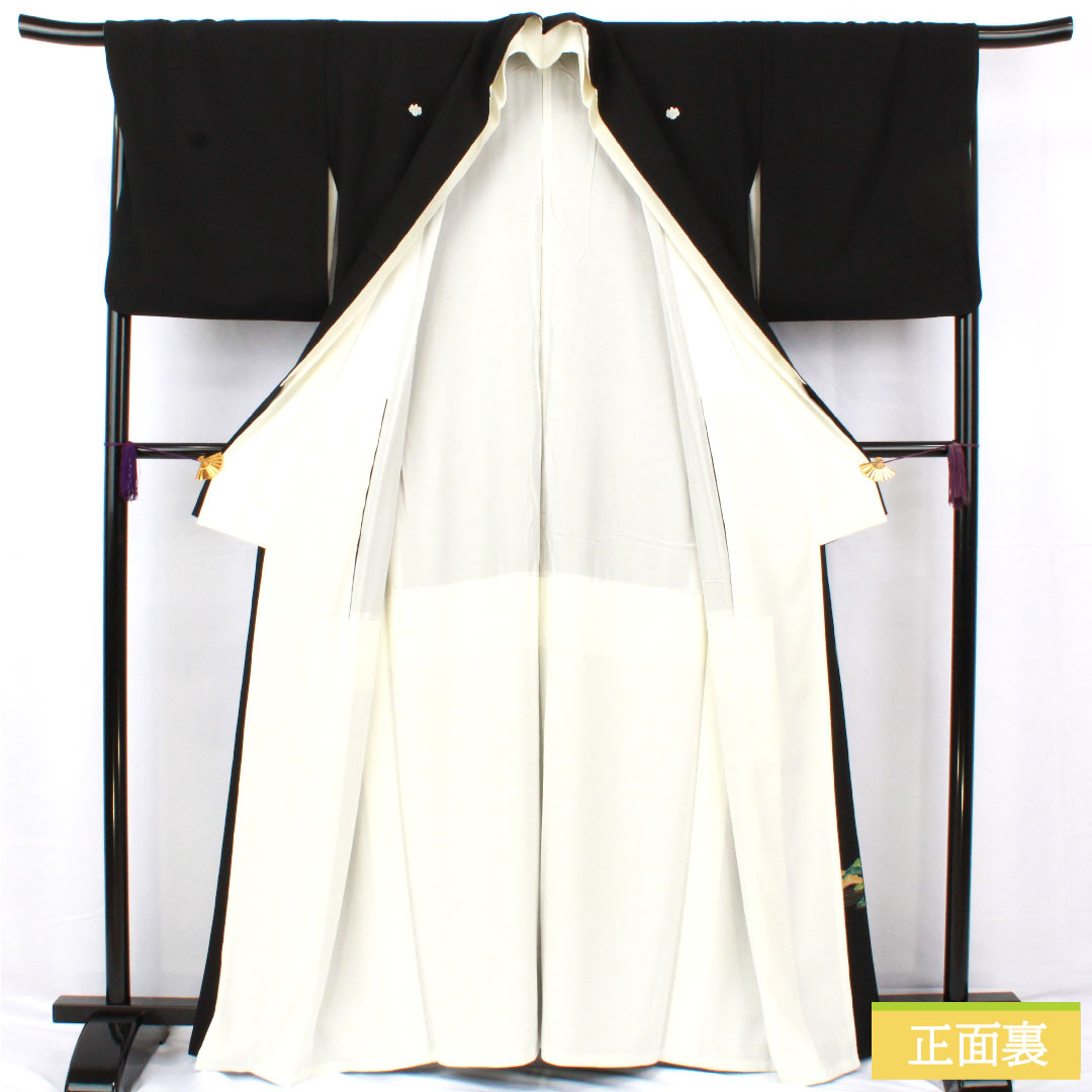 Black formal kimono, pure silk, length 162cm, sleeve length 68cm, lined, Kyoto yuzen, split pattern, phoenix, five crests, five-three paulownia, A rank, black, 1111001733410