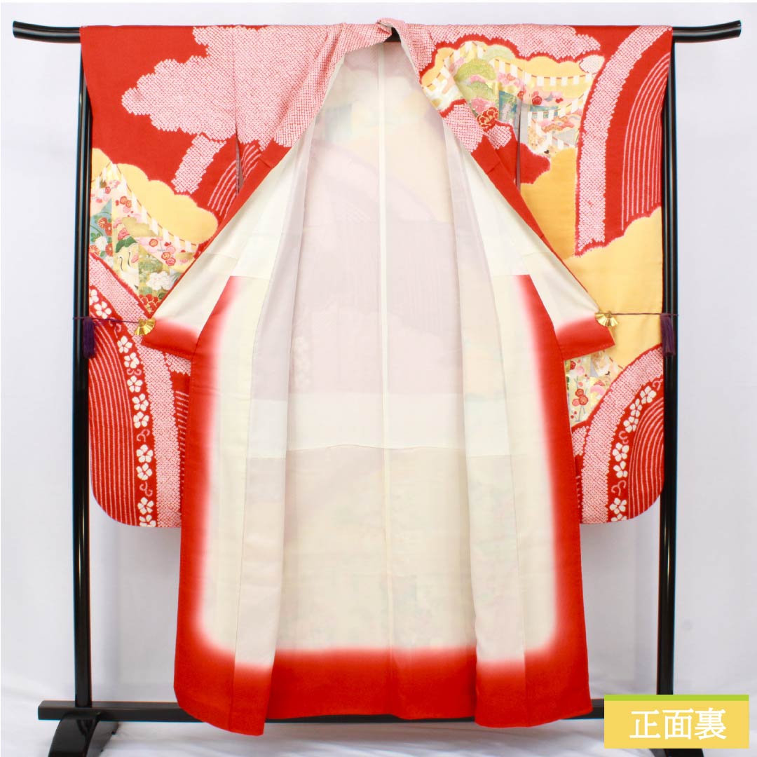 振袖 正絹 Sランク 身丈152cm 裄丈61cm 袷 緋色（ひいろ） 京友禅 吉祥文様 鶴 梅 松 赤系 1113002182212