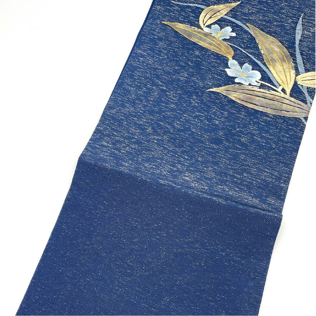 リサイクル着物】名古屋帯 紺藍色 草花模様 刺繍 帯丈387.5cm 正絹 A