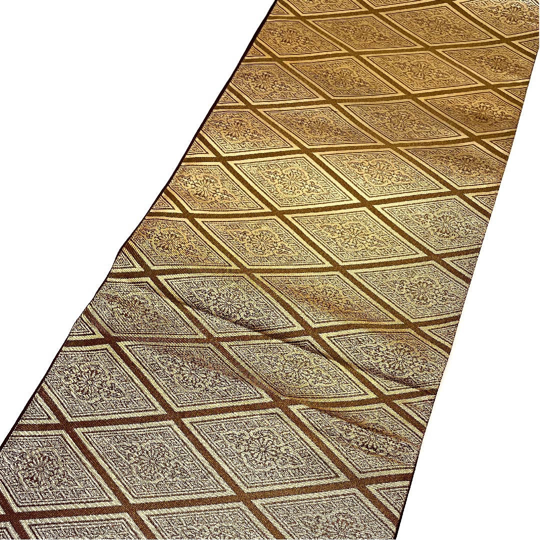 （未仕立）袋帯 栗色（くりいろ） 菱形 華文 帯丈430cm 正絹 Sランク 六通 フォーマル 茶系 1123003092314