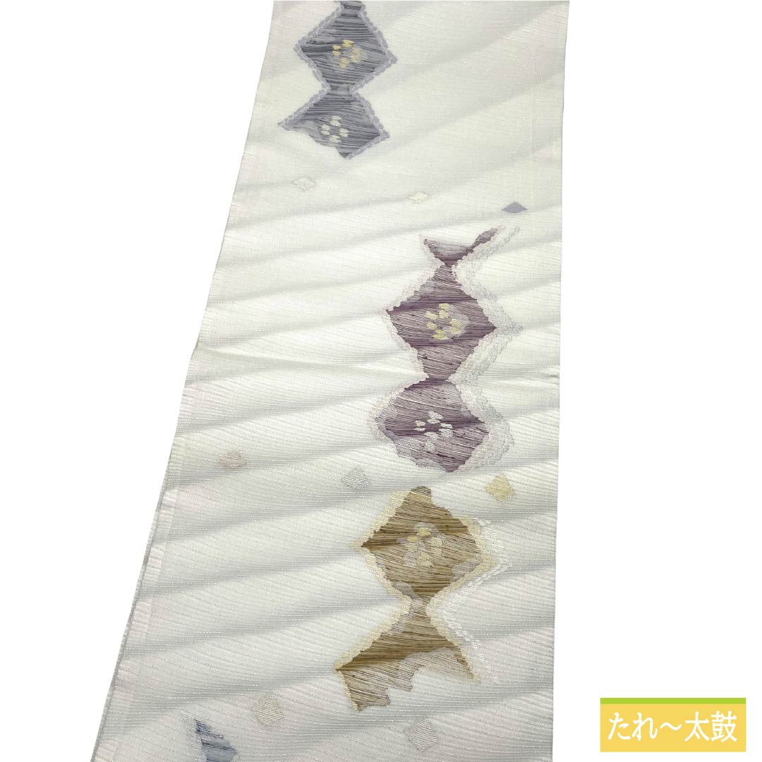 袋帯 ポリエステル Aランク 卯の花色（うのはないろ） 夏帯 幾何学模様 古典柄 帯丈441cm 六通 セミフォーマル 白系 1123017463311