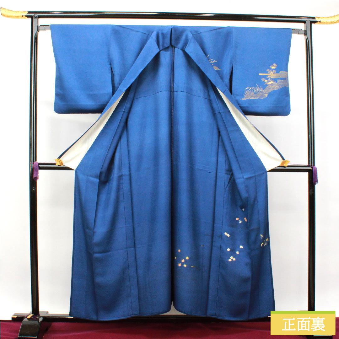 訪問着 正絹 単衣 身丈154.5cm 裄丈63.5cm 濃桔梗色 金彩加工 草花模様 Sランク 紺系 1112003352218