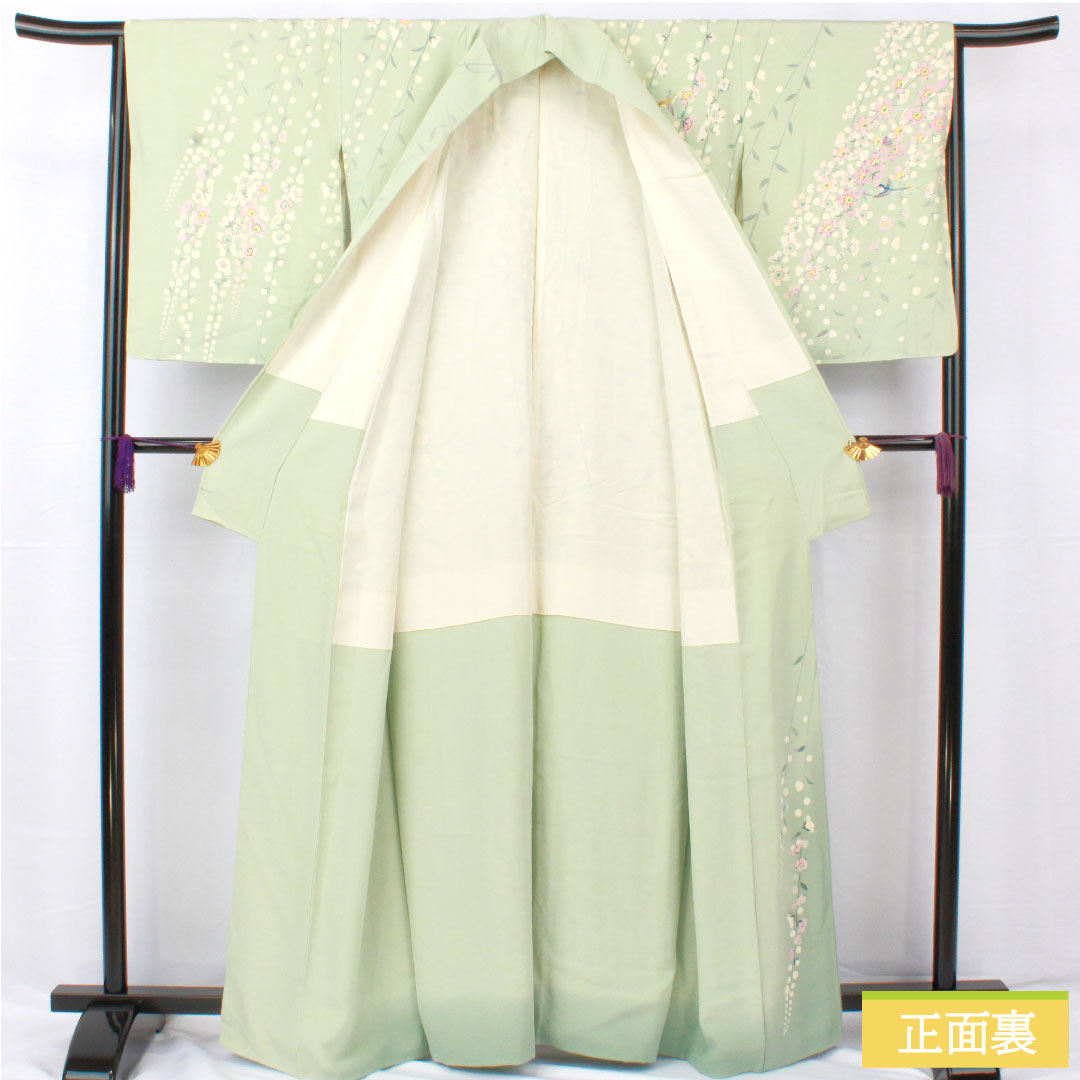 訪問着 正絹 袷 身丈165cm 裄丈63.5cm 白緑色（びゃくろくいろ） 加賀友禅 作家物 一つ紋 中陰五瓜 Aランク 緑系 1112005713519
