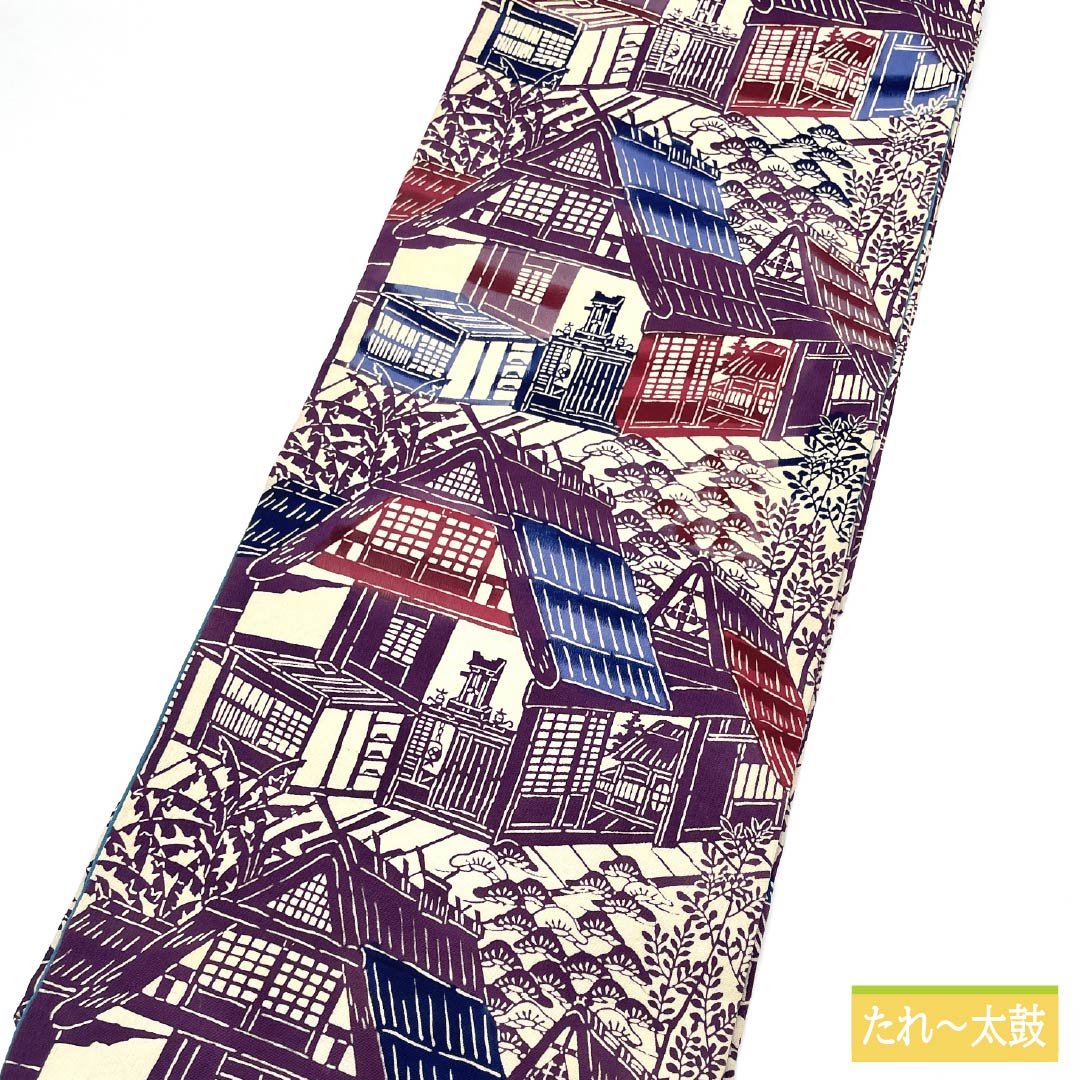 名古屋帯 生成り色（きなりいろ） 型染 風景模様 帯丈353cm 正絹 Aランク 全通 カジュアル ベージュ系 1124007793325 名古屋仕立て