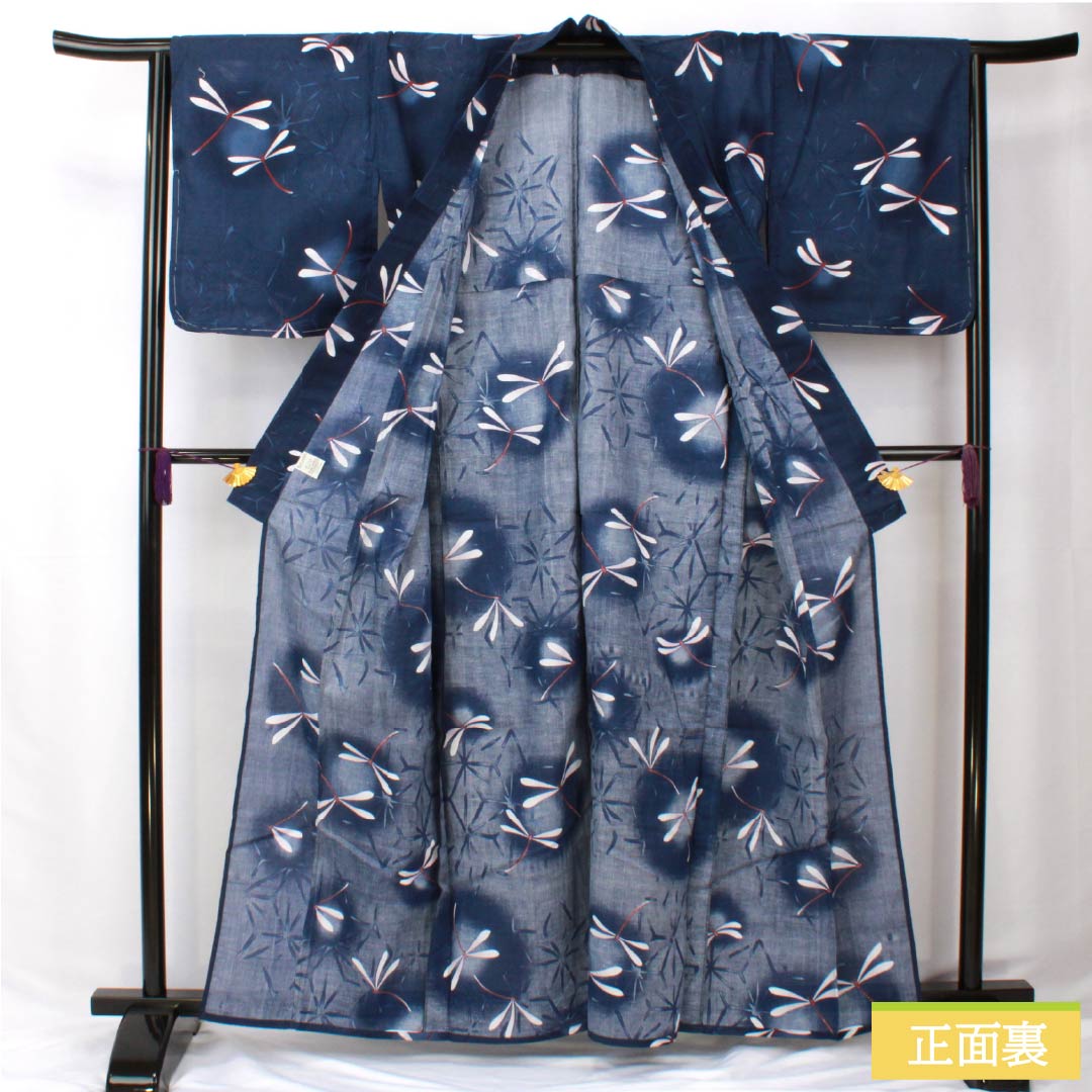 Cotton Yukata, Length 162cm, Sleeve Length 65.5cm, S Rank, Single Layer, Navy Blue, Dragonfly, Rabissan Luce, 1118006022418