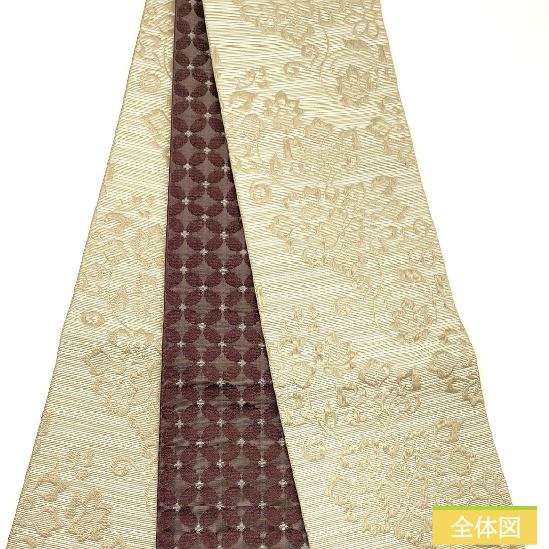 (New) Reversible Half-Width Obi, Polyester, New Rank, Shirotsurubami-iro and Shigoku-iro, Karakusa and Shippo-tsunagi Patterns, Obi Length 400cm, Beige-toned 1125002541425