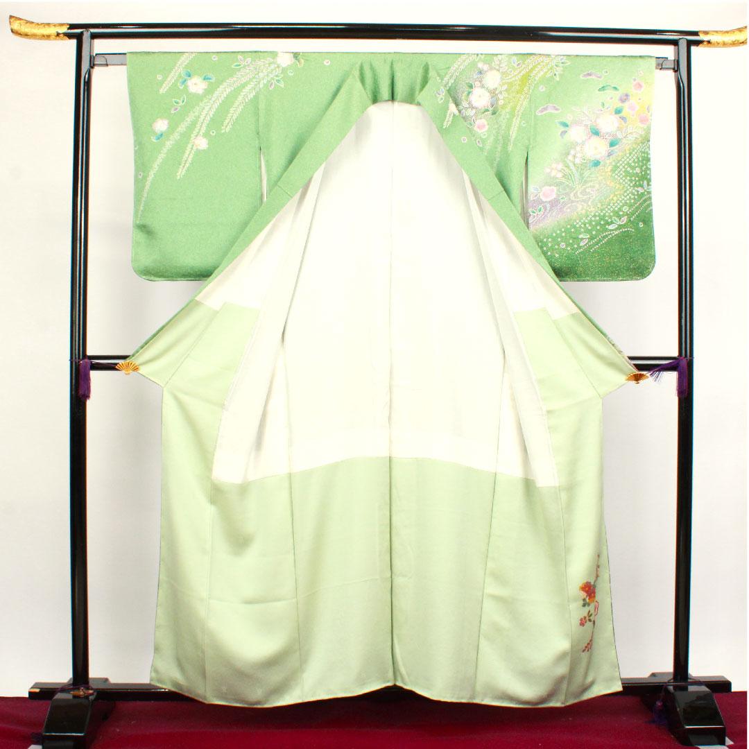Homongi, lined, length 157.5cm, sleeve length 63cm, wasabi color, with basting thread, unused, Kyo-Yuzen, Tsujigahana, pure silk, S rank, green, 1112002702319