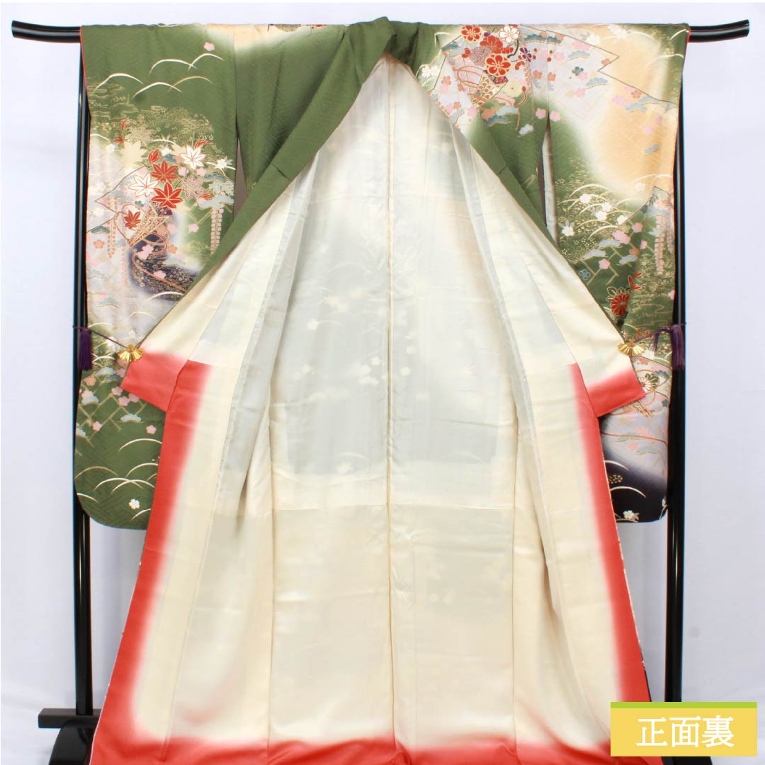 振袖 正絹 Aランク 身丈170.5cm 裄丈68.5cm 袷 山鳩色（やまばといろ） 京友禅 吉祥文様 梅 松 緑系 1113002173619