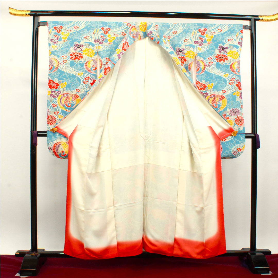 振袖 身丈156.5cm 裄丈64cm 袷  天青色 京紅型 吉祥文様  正絹 Aランク 青系 1113001653317