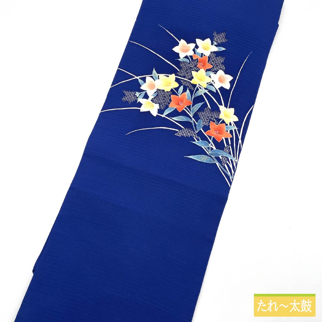 Nagoya Obi, Pure Silk, Ruriiro (Blue), Summer Obi, Dyed Obi with Kikyo (Pink Flower) Design, Length 356cm, S Rank, Pointed Pattern, Semi-Formal, Blue, Item Number 1124008582317, Nagoya Style