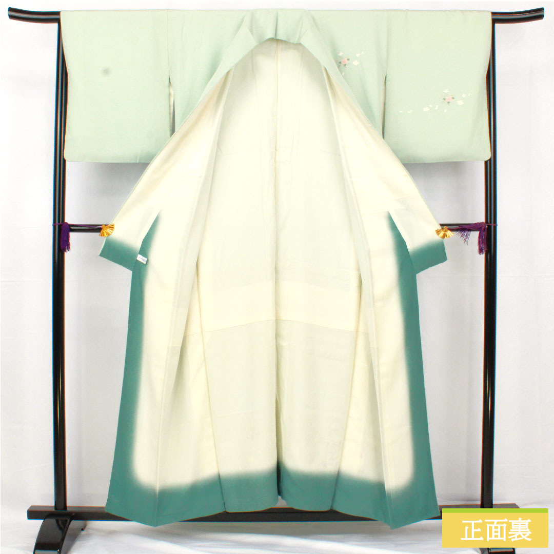 訪問着 正絹 袷 身丈153cm 裄丈65.5cm 秘色（ひそく） 京友禅 桜 椿 菊 スーパーガード加工 Aランク 水色系 1112005503224