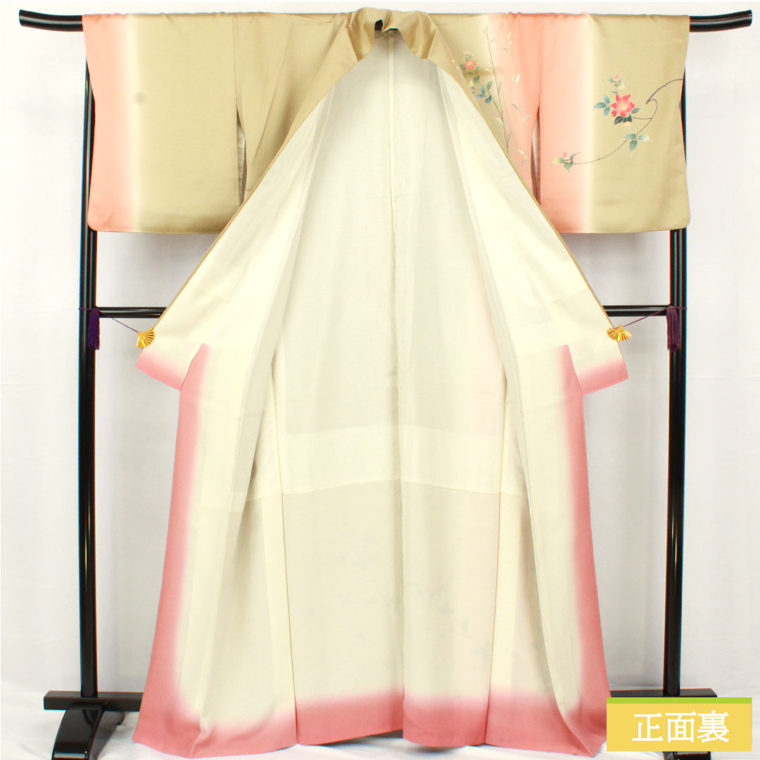 訪問着 正絹 袷 身丈163cm 裄丈68cm 亜麻色（あまいろ） 京友禅 草花模様 Aランク 緑系 1112005963419