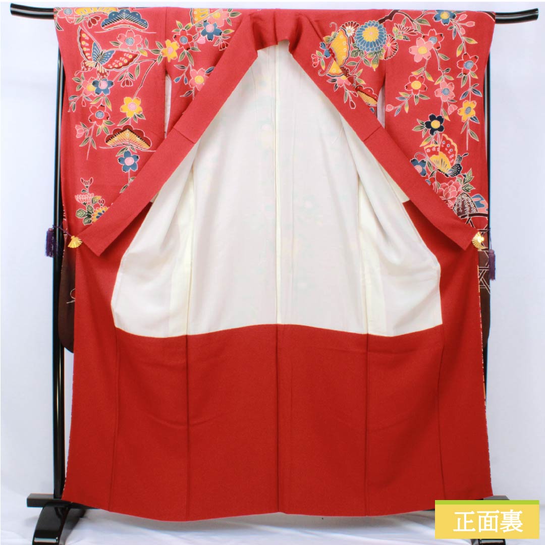 振袖 正絹 Sランク 身丈162cm 裄丈67.5cm 袷 柘榴色（ざくろいろ） 京紅型 吉祥文様 蝶 パールトーン加工 赤系 1113002392412